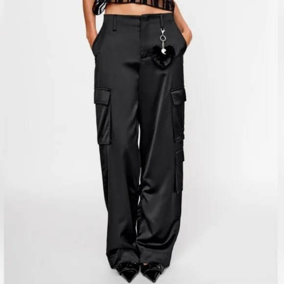 Zara Black Satin Cargo Pants - Picture 2 of 16